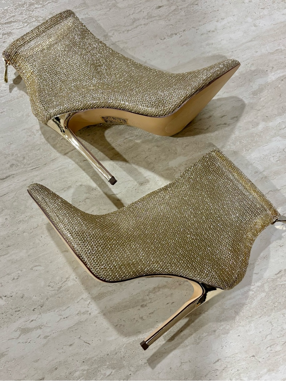 So Me Gold Shimmer Ankle Booties Chrome Stiletto Heels Size 8